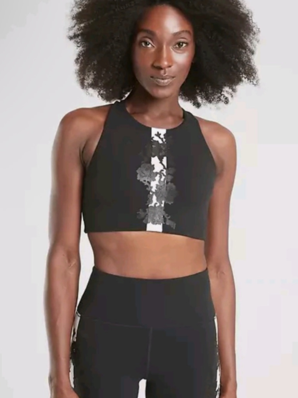 Athleta PowerVita Black High-Neck Rose Stripe Sports Bra, Size Medium Women’s